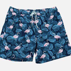 Men's Large Teal Flamingo Vacation Resort Swimming Lined Drawstring Trunk Shorts